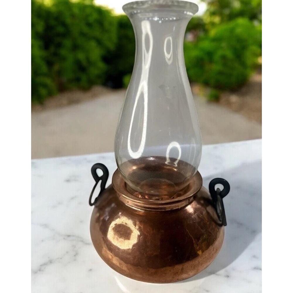 Vintage Copper Candle Hurricane- Hammered With Black Metal Handles.